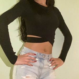 Dream slim women long sleeve crop top with thumb holes (Black Long, S)